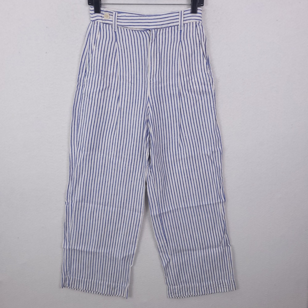 Madewell Linen Pleated Pants Wide Leg Womens 0 Striped Coastal Nautical